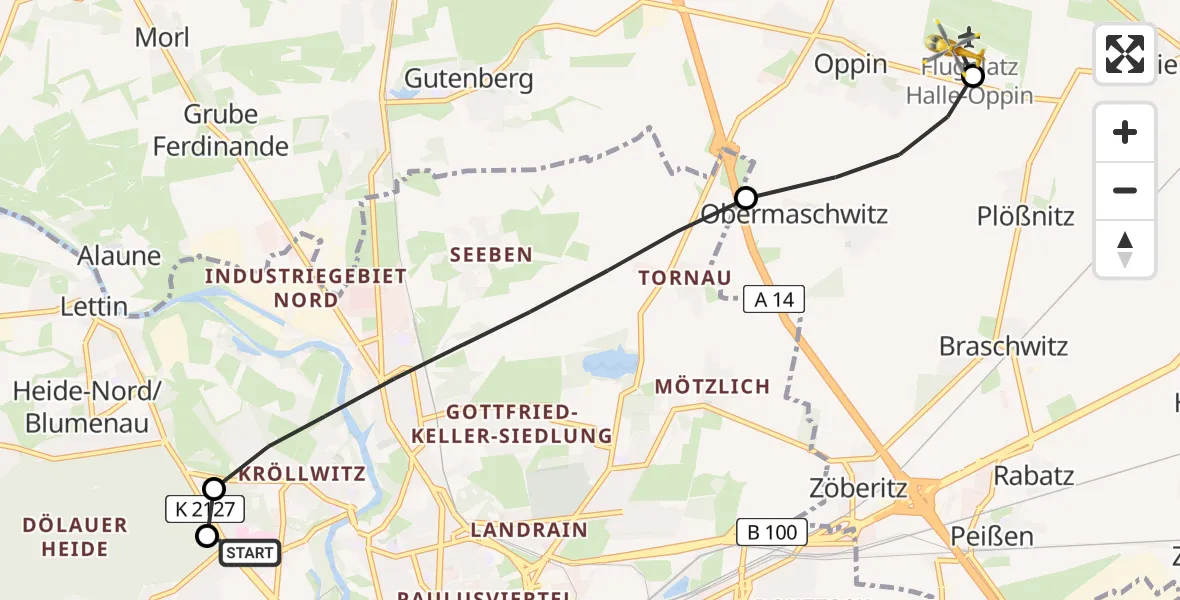 Flugroute Rettungshubschrauber Halle (Saale) University Hospital - Halle-Oppin Flugplatz, 12 Juli 2026, 10:00