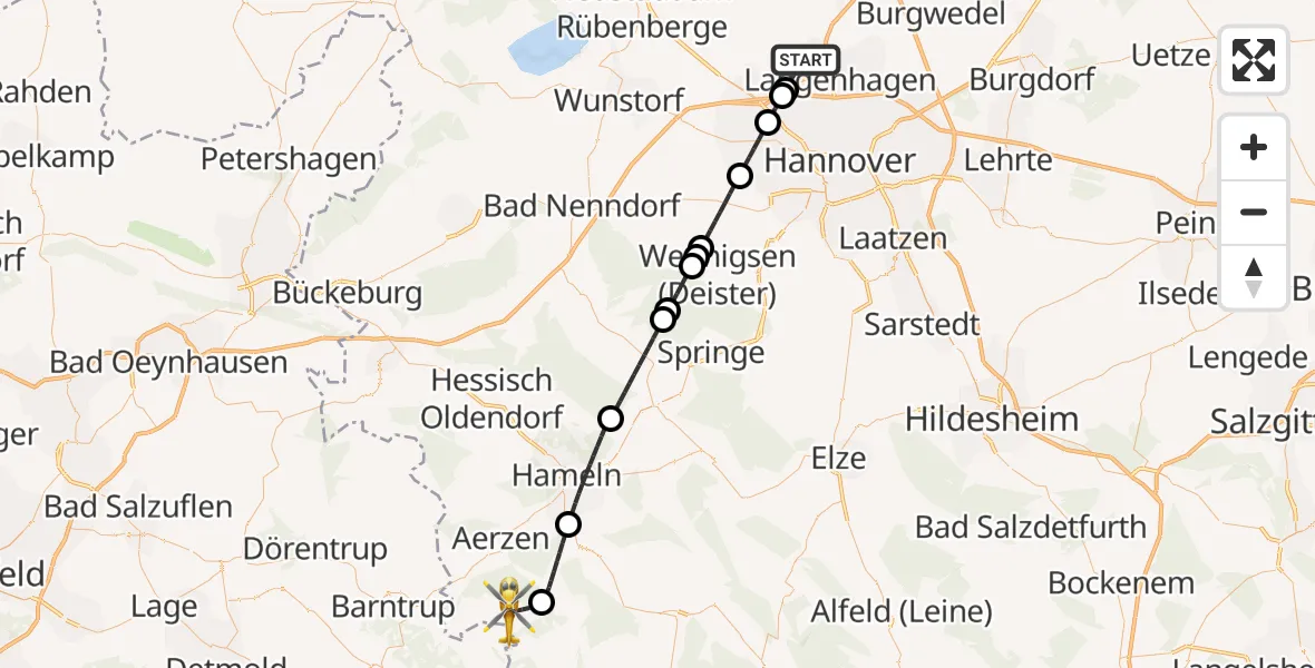 Flugroute Rettungshubschrauber Flughafen Hannover - Bad Pyrmont, 12 Juli 2026, 10:01