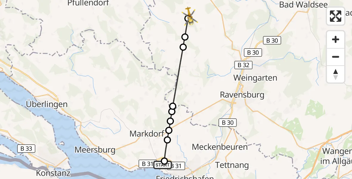 Flugroute Rettungshubschrauber Friedrichshafen Hospital - Guggenhausen, 12 Juli 2026, 10:02