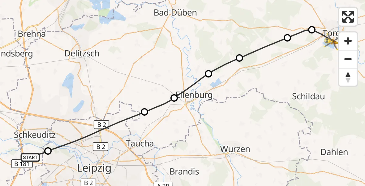 Flugroute Rettungshubschrauber Schkeuditz - Torgau, 12 Juli 2026, 10:05