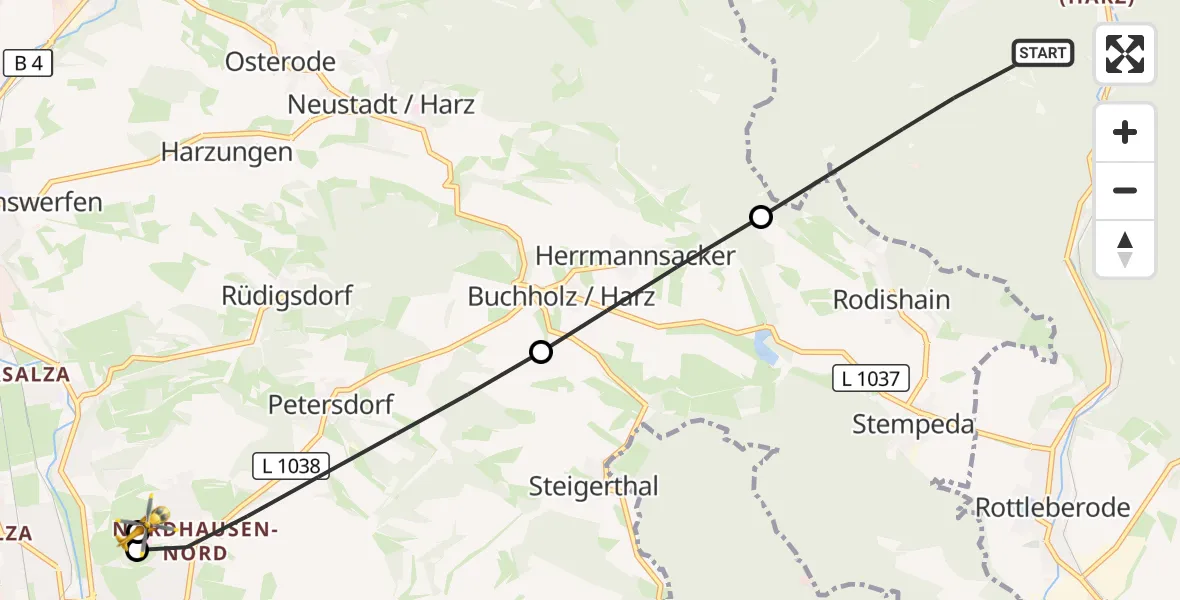 Flugroute Rettungshubschrauber Südharz - Südharz Hospital Nordhausen, 12 Juli 2026, 10:07