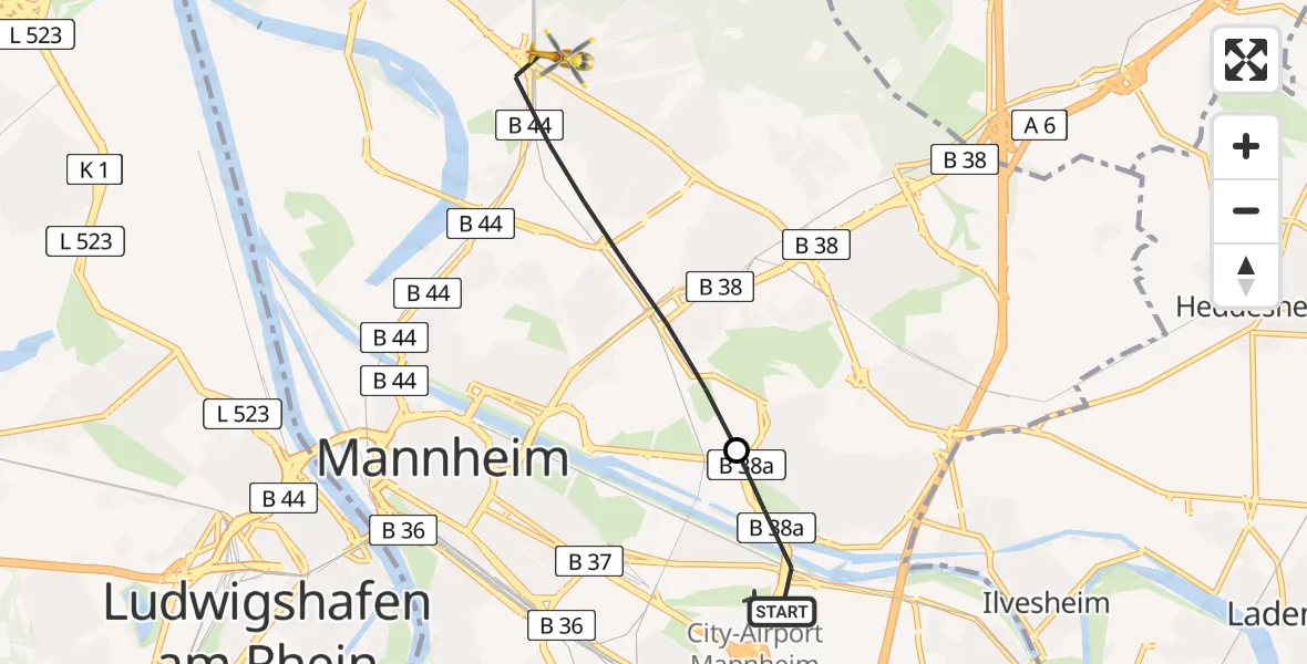 Flugroute Rettungshubschrauber Mannheim-City Flughafen - Mannheim, 12 Juli 2026, 10:07
