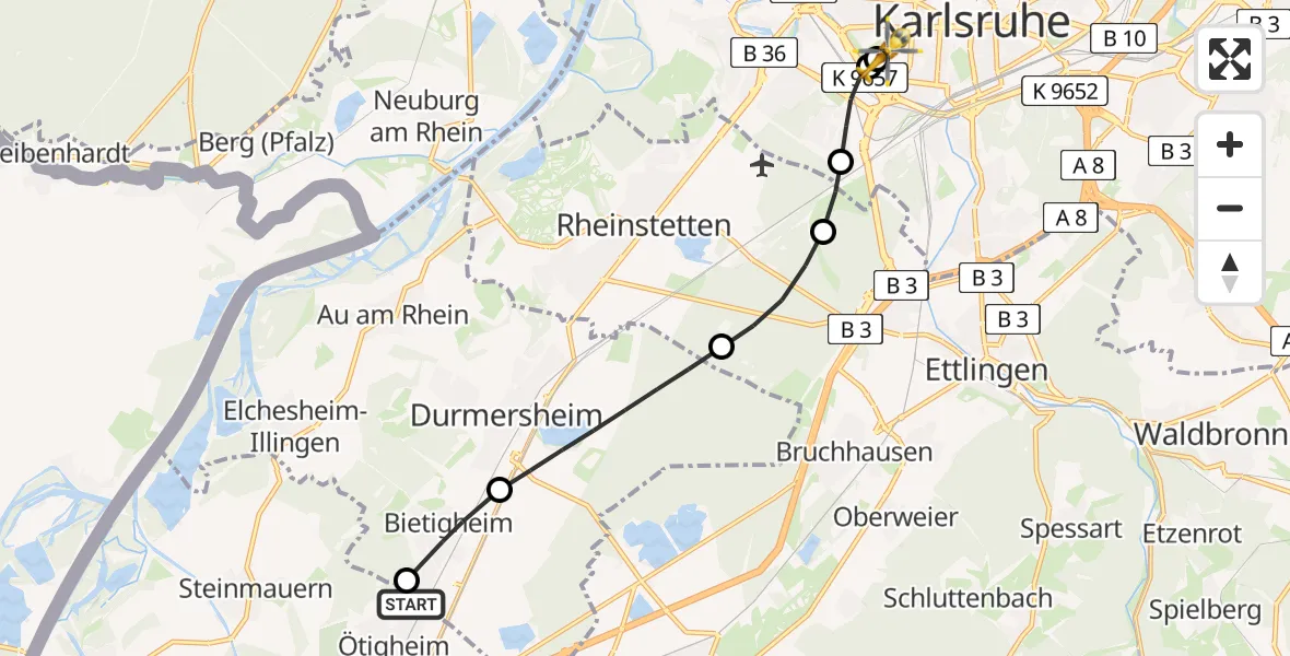 Flugroute Ambulanzhubschrauber Ötigheim - Sankt Vincentius Hospital, 12 Juli 2026, 10:09