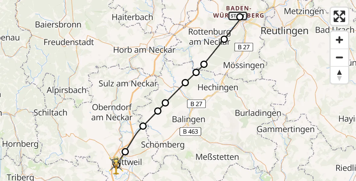 Flugroute Ambulanzhubschrauber Tübingen University Hospital - Rottweil, 12 Juli 2026, 10:11