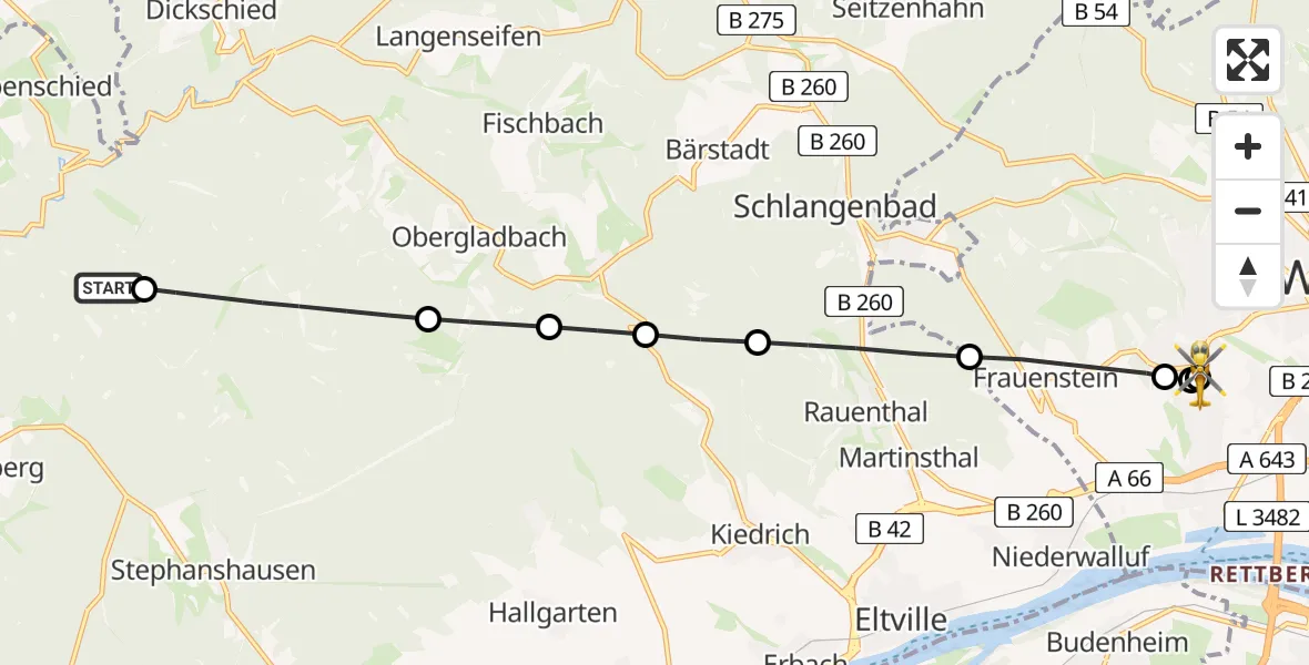 Flugroute Rettungshubschrauber Geisenheim - Helios Horst Schmidt Klinik (HSK) Hubschrauberlandeplatz, 12 Juli 2026, 10:19