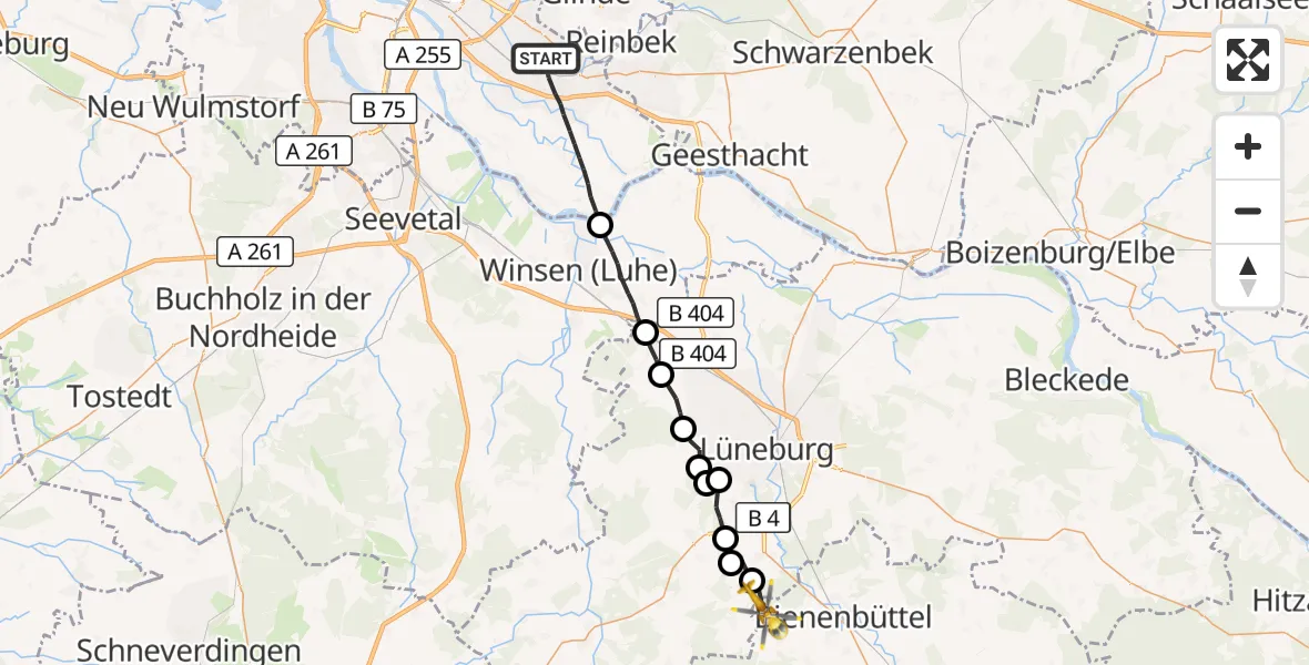 Flugroute Rettungshubschrauber Hamburg - Bienenbüttel, 12 Juli 2026, 10:22