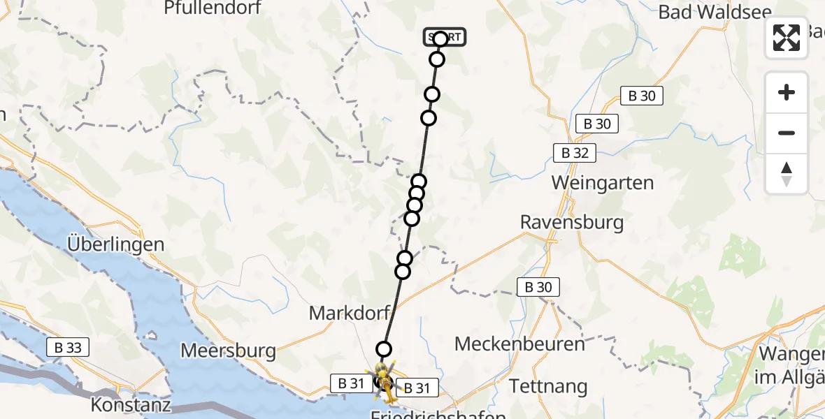 Flugroute Rettungshubschrauber Guggenhausen - Friedrichshafen Hospital, 12 Juli 2026, 10:24
