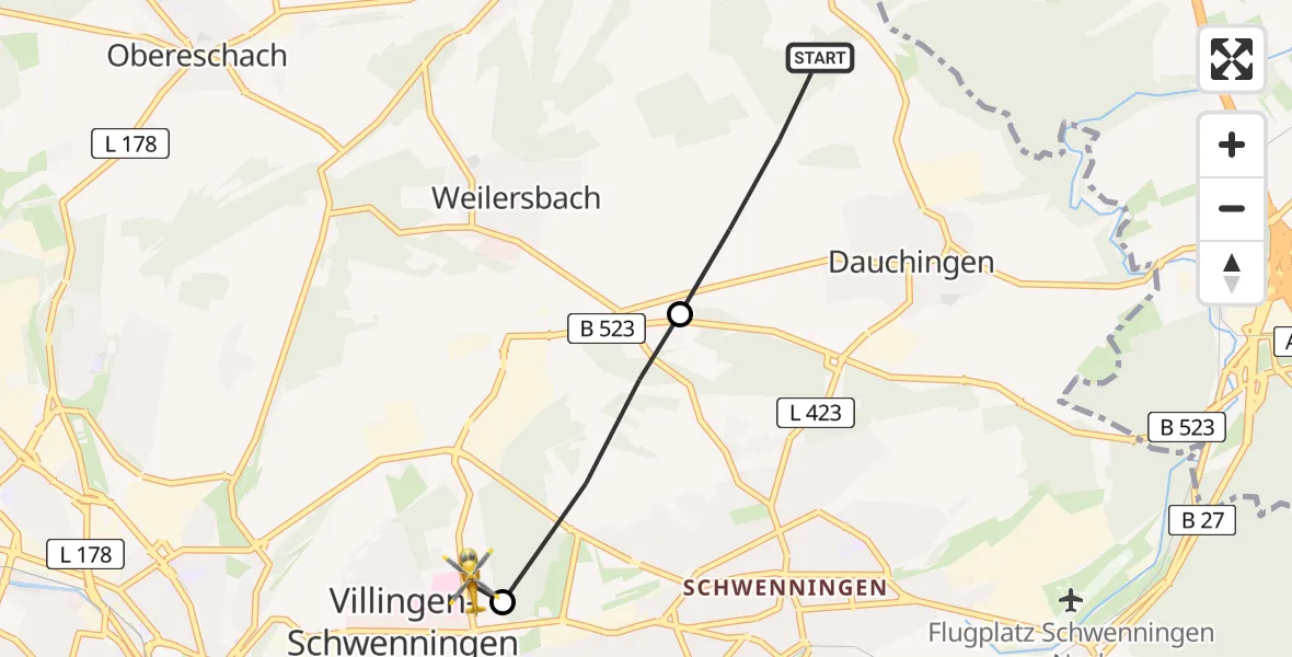 Flugroute Ambulanzhubschrauber Dauchingen - DRF Air Rescue Station Villingen-Schwenningen Hubschrauberlandeplatz (Christoph 11), 12 Juli 2026, 10:27