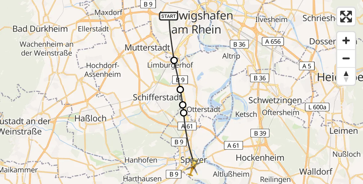 Flugroute Rettungshubschrauber Ludwigshafen am Rhein - Speyer, 12 Juli 2026, 10:30