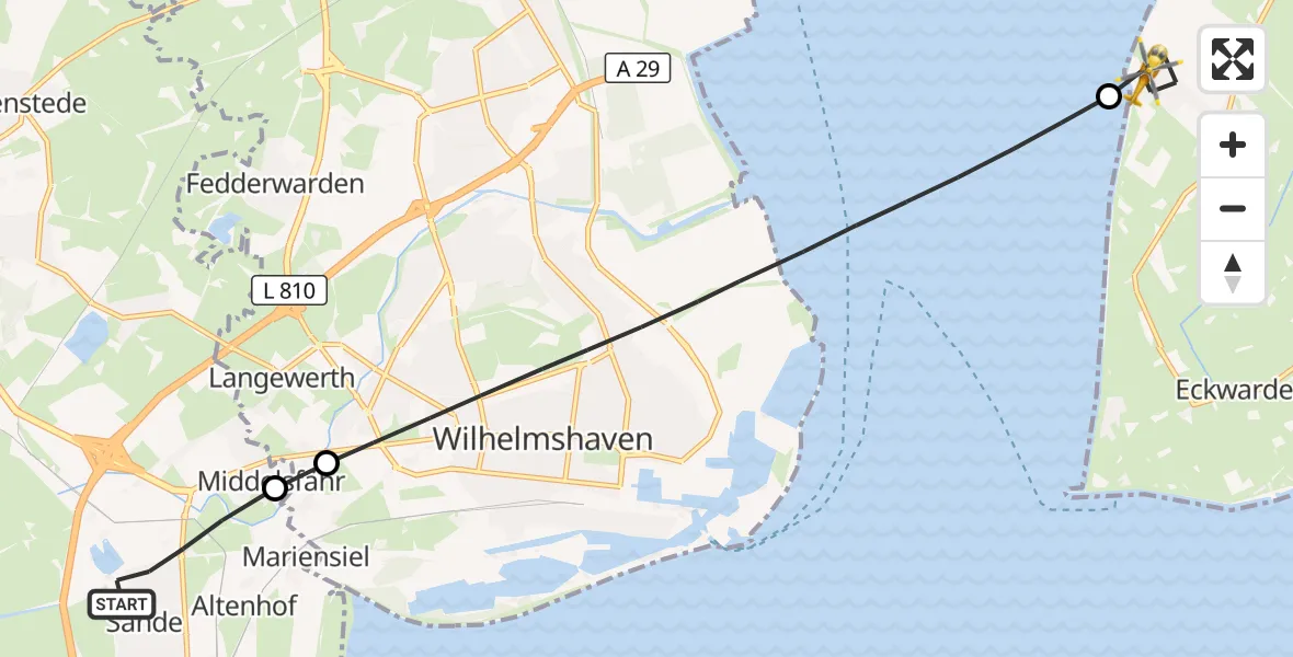 Flugroute Rettungshubschrauber Sande - Butjadingen, 12 Juli 2026, 10:32