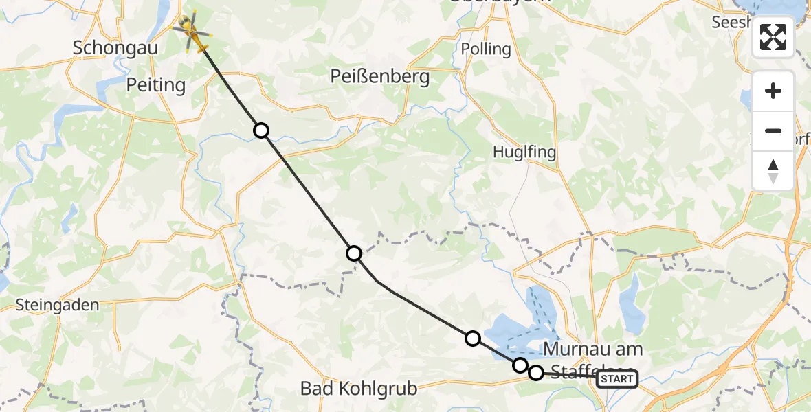 Flugroute Rettungshubschrauber Murnau Accident Hospital - Peiting, 12 Juli 2026, 10:34