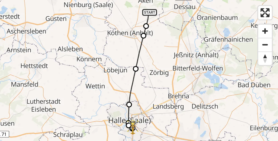 Flugroute Rettungshubschrauber Osternienburger Land - BG Hospital Bergmannstrost Halle, 12 Juli 2026, 10:34