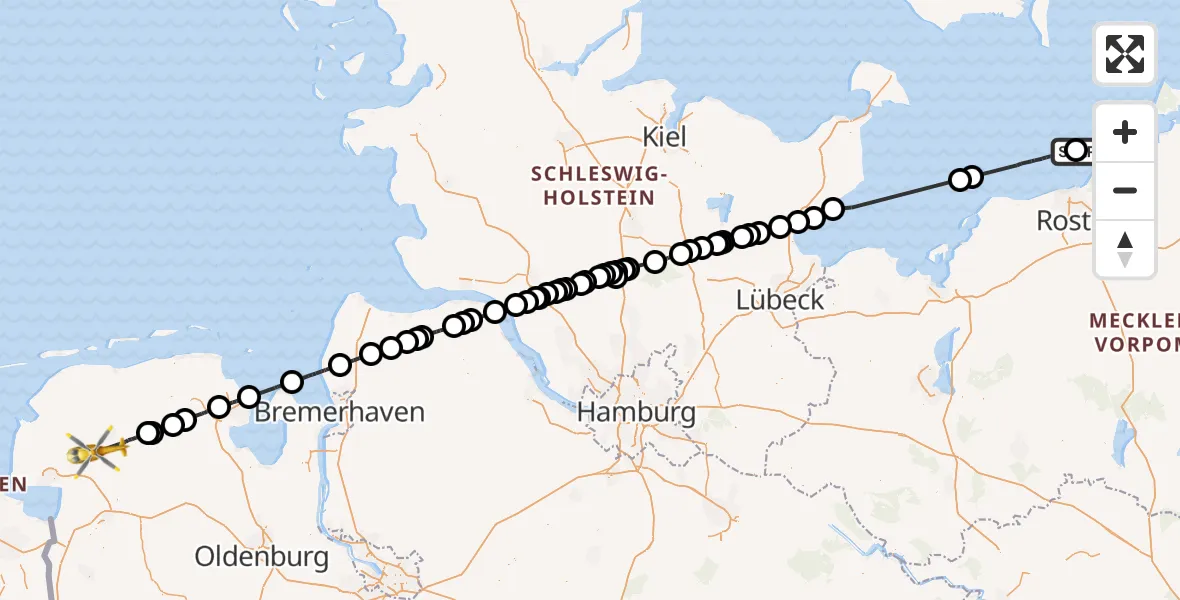 Flugroute Ambulanzhubschrauber Rostock - Ihlow, 12 Juli 2026, 10:35