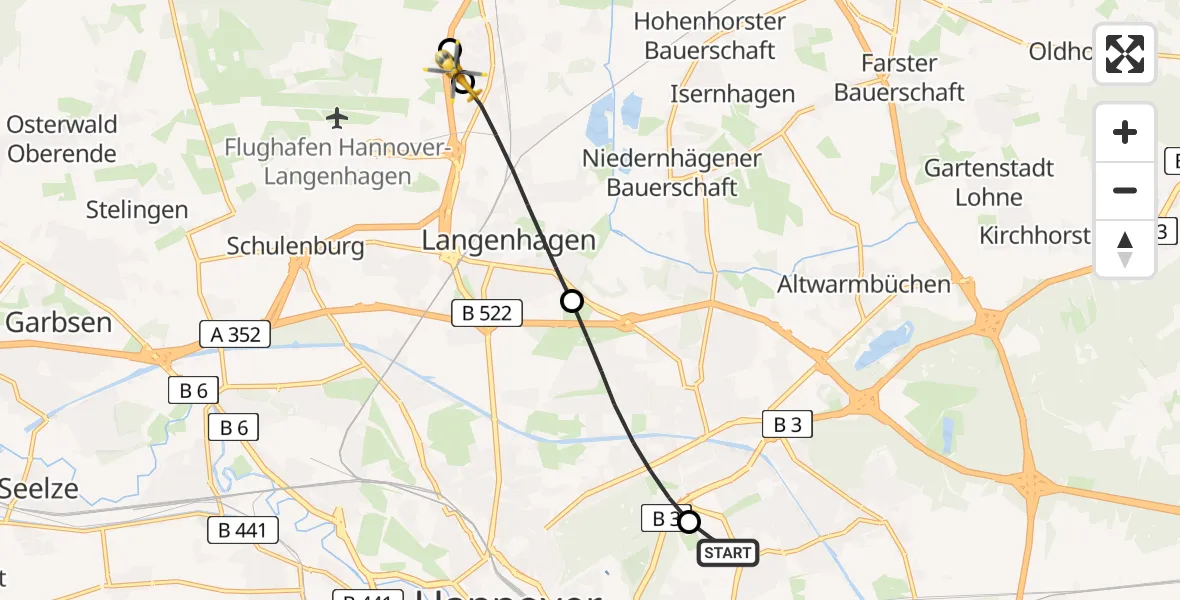 Flugroute Rettungshubschrauber Hannover Luftrettung Hubschrauberlandeplatz (Christoph 4) - Flughafen Hannover, 12 Juli 2026, 10:39