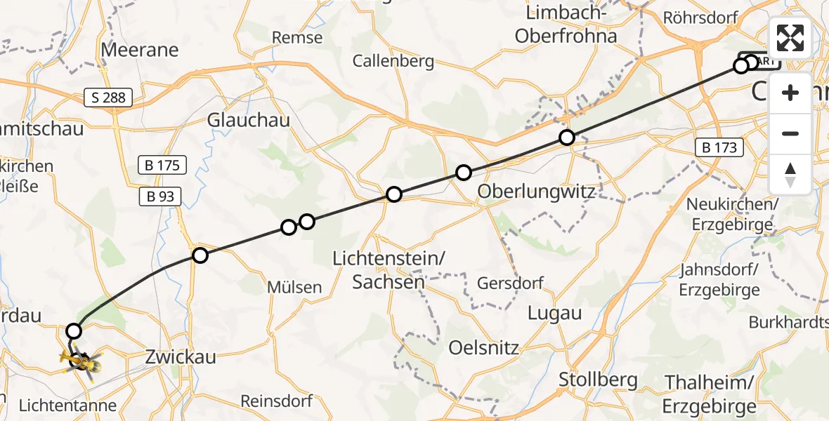 Flugroute Rettungshubschrauber Flemmingstraße Hospital Rooftop - Werdau, 12 Juli 2026, 10:41