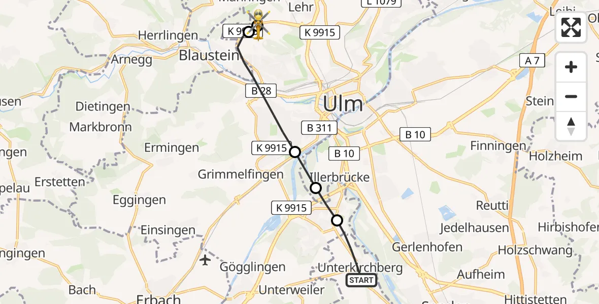 Flugroute Rettungshubschrauber Illerkirchberg - Ulm Military Hospital Emergency, 12 Juli 2026, 10:42