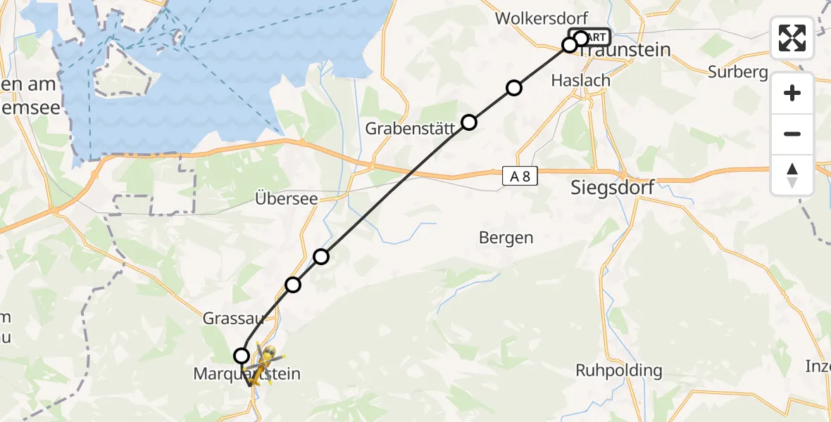 Flugroute Rettungshubschrauber Traunstein Hospital - Marquartstein, 12 Juli 2026, 10:44