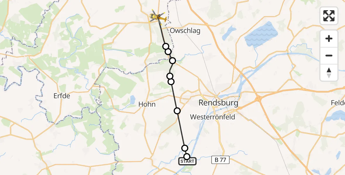 Flugroute Ambulanzhubschrauber Hörsten - Kropp, 12 Juli 2026, 10:45