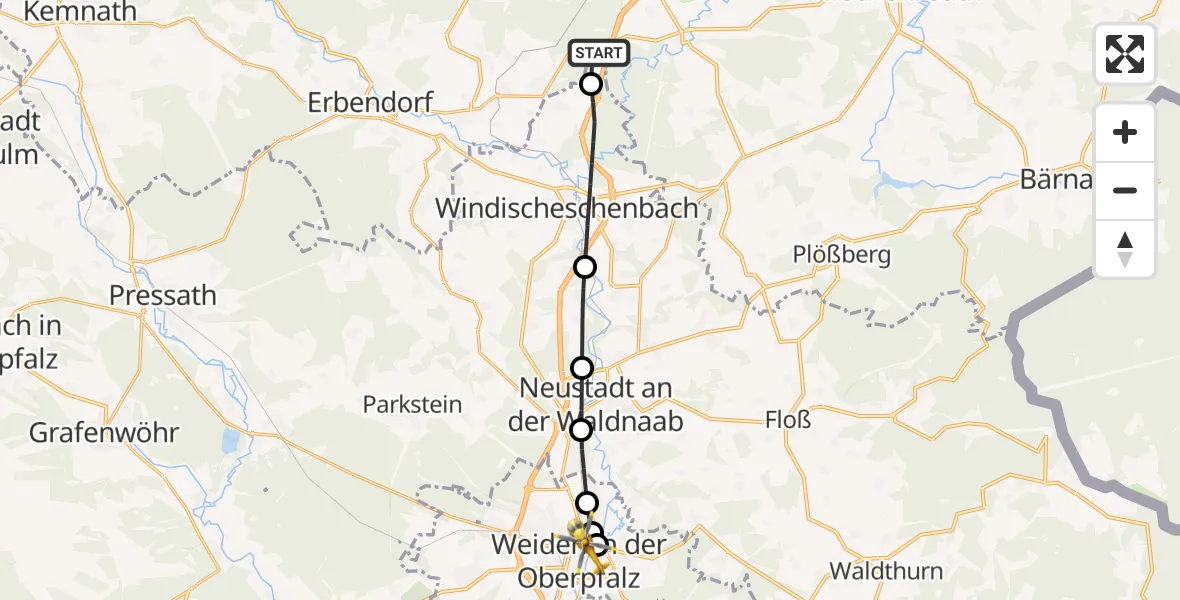 Flugroute Ambulanzhubschrauber Falkenberg - Weiden Hospital, 12 Juli 2026, 10:46