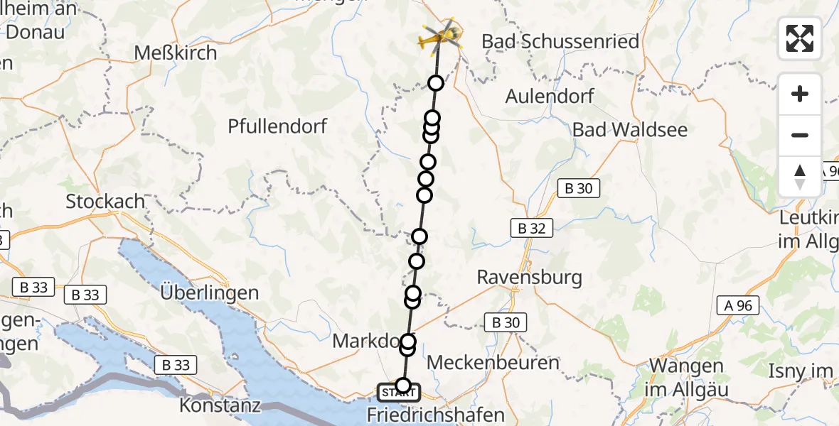 Flugroute Rettungshubschrauber Friedrichshafen Hospital - Bad Saulgau, 12 Juli 2026, 10:50