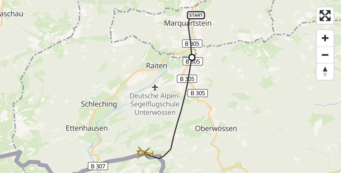 Flugroute Rettungshubschrauber Marquartstein - Unterwössen, 12 Juli 2026, 10:52