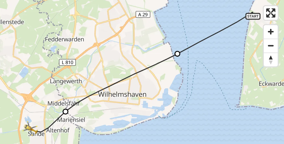 Flugroute Rettungshubschrauber Butjadingen - Sande, 12 Juli 2026, 10:53