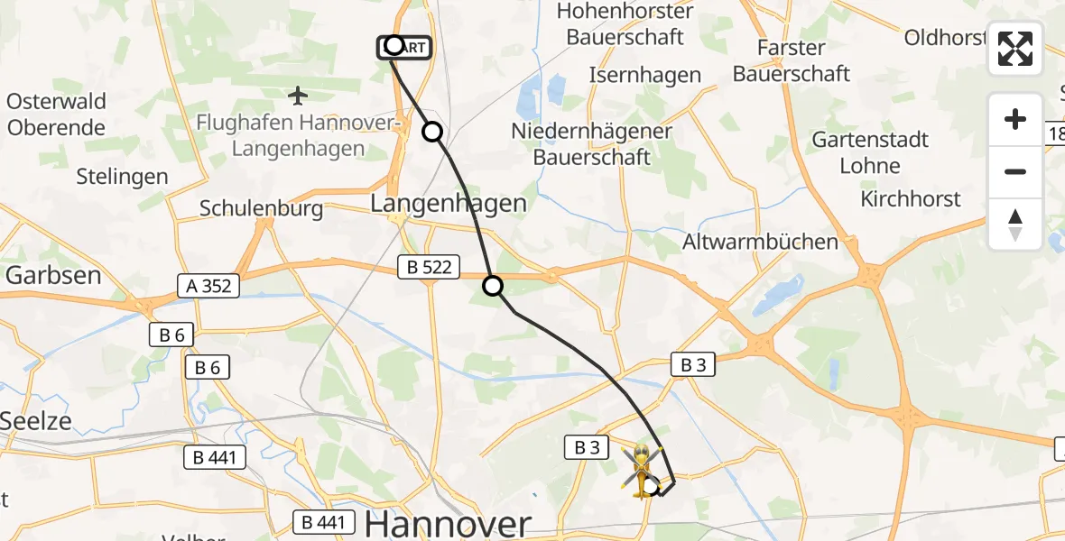 Flugroute Rettungshubschrauber Langenhagen - Hannover Luftrettung Hubschrauberlandeplatz (Christoph 4), 12 Juli 2026, 11:02