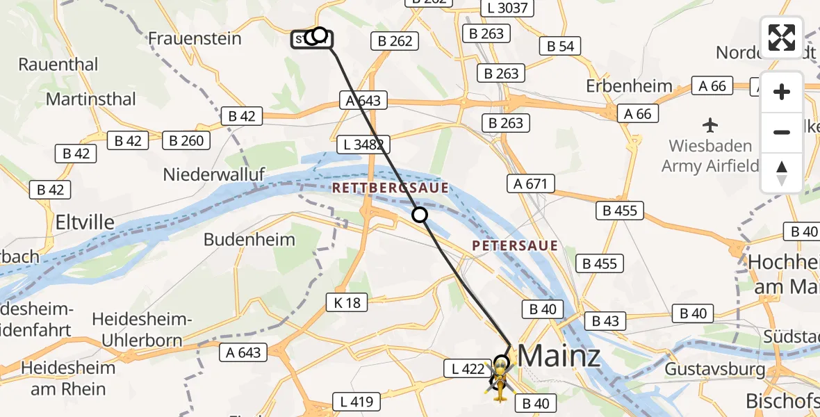 Flugroute Rettungshubschrauber Helios Horst Schmidt Clinic (HSK) - Mainz University Hospital, 12 Juli 2026, 11:02