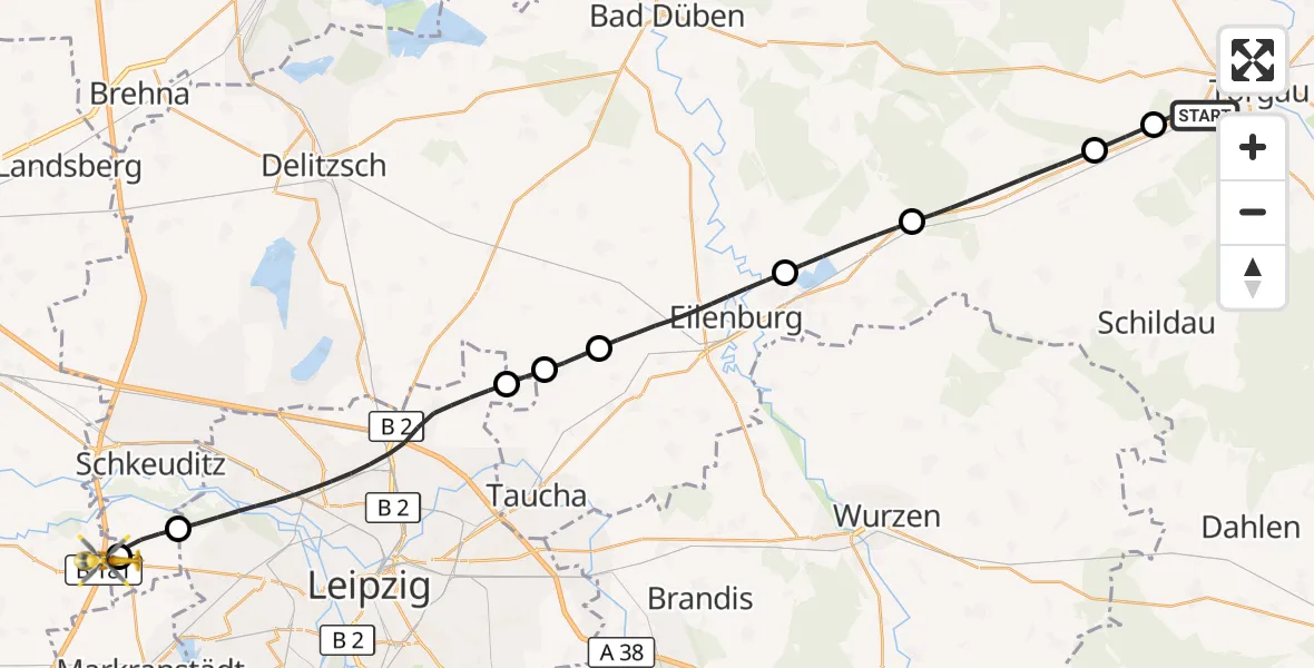 Flugroute Rettungshubschrauber Torgau - ADAC Air Rescue Station Leipzig/Schkeuditz-Dölzig Hubschrauberlandeplatz (Christoph 61), 12 Juli 2026, 11:05
