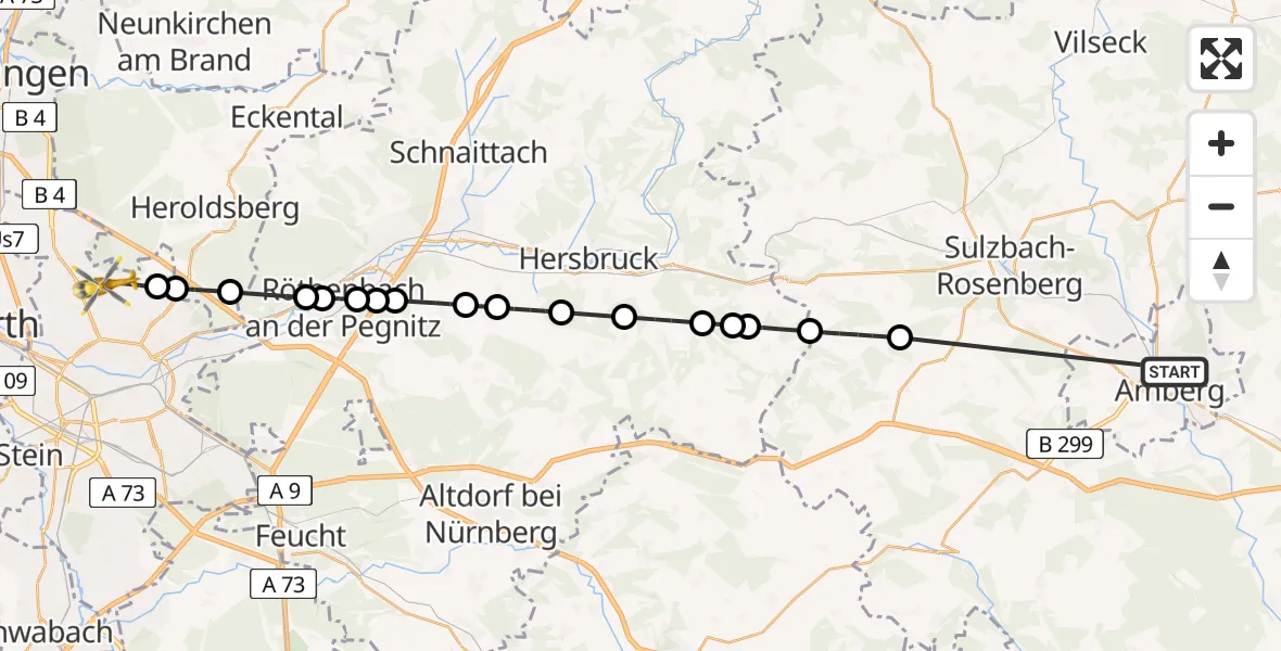 Flugroute Ambulanzhubschrauber Amberg - Flughafen Nuremberg, 12 Juli 2026, 11:05