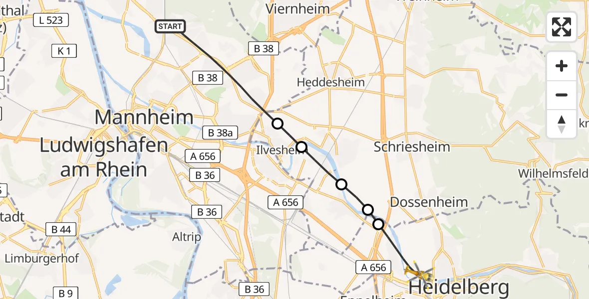 Flugroute Rettungshubschrauber Mannheim - Heidelberg, 12 Juli 2026, 11:05