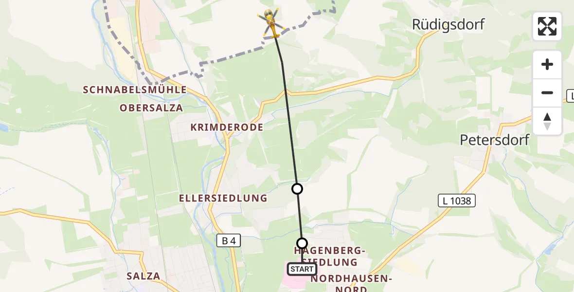 Flugroute Rettungshubschrauber Südharz Hospital Nordhausen - Harztor, 12 Juli 2026, 11:06