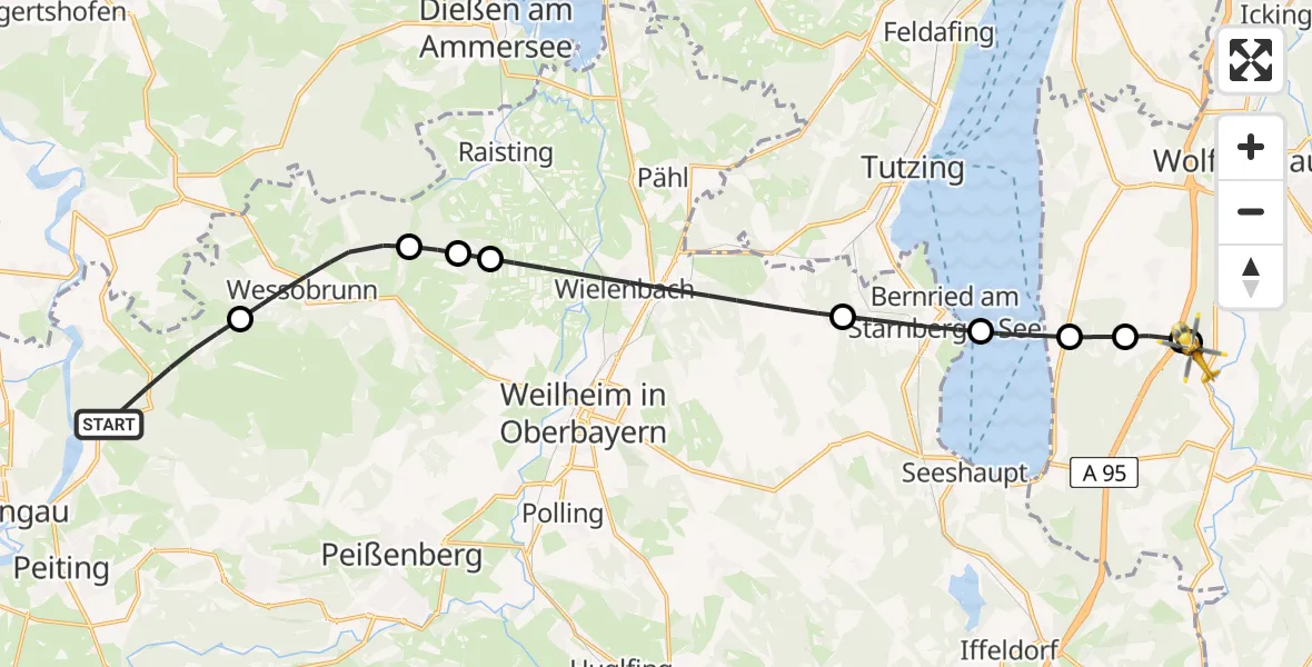 Flugroute Rettungshubschrauber Peiting - Eurasburg, 12 Juli 2026, 11:08