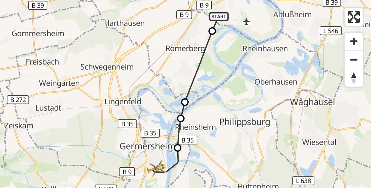 Flugroute Rettungshubschrauber Speyer - Germersheim, 12 Juli 2026, 11:11