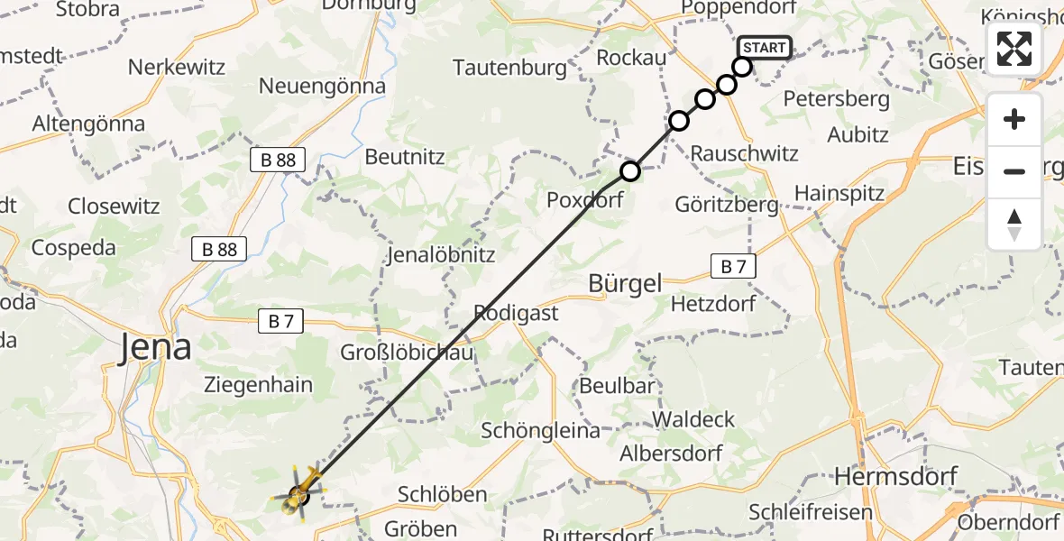 Flugroute Rettungshubschrauber Schkölen - Jena, 12 Juli 2026, 11:17