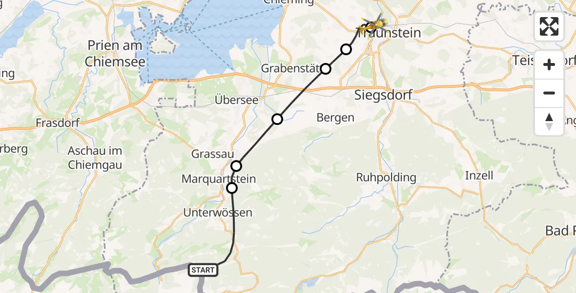 Flugroute Rettungshubschrauber Unterwössen - Traunstein Hospital, 12 Juli 2026, 11:20
