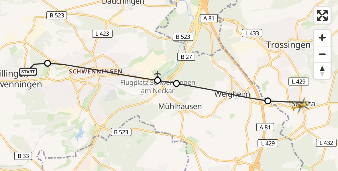 Flugroute Ambulanzhubschrauber DRF Air Rescue Station Villingen-Schwenningen Hubschrauberlandeplatz (Christoph 11) - Trossingen, 12 Juli 2026, 11:23