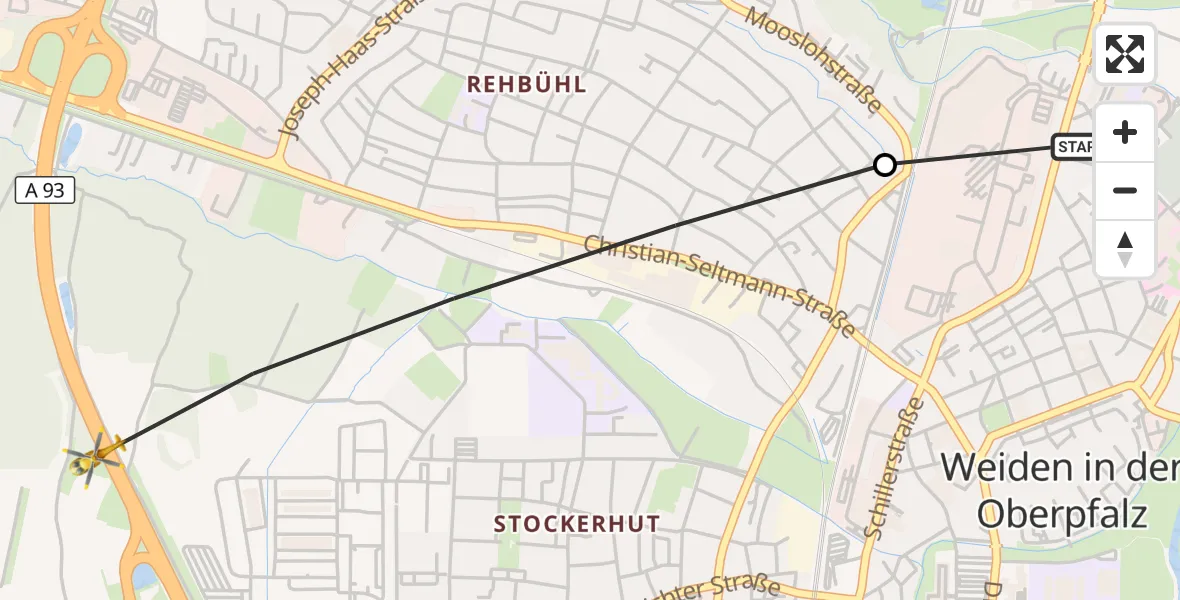 Flugroute Ambulanzhubschrauber Weiden Hospital - Weiden i.d.OPf., 12 Juli 2026, 11:31