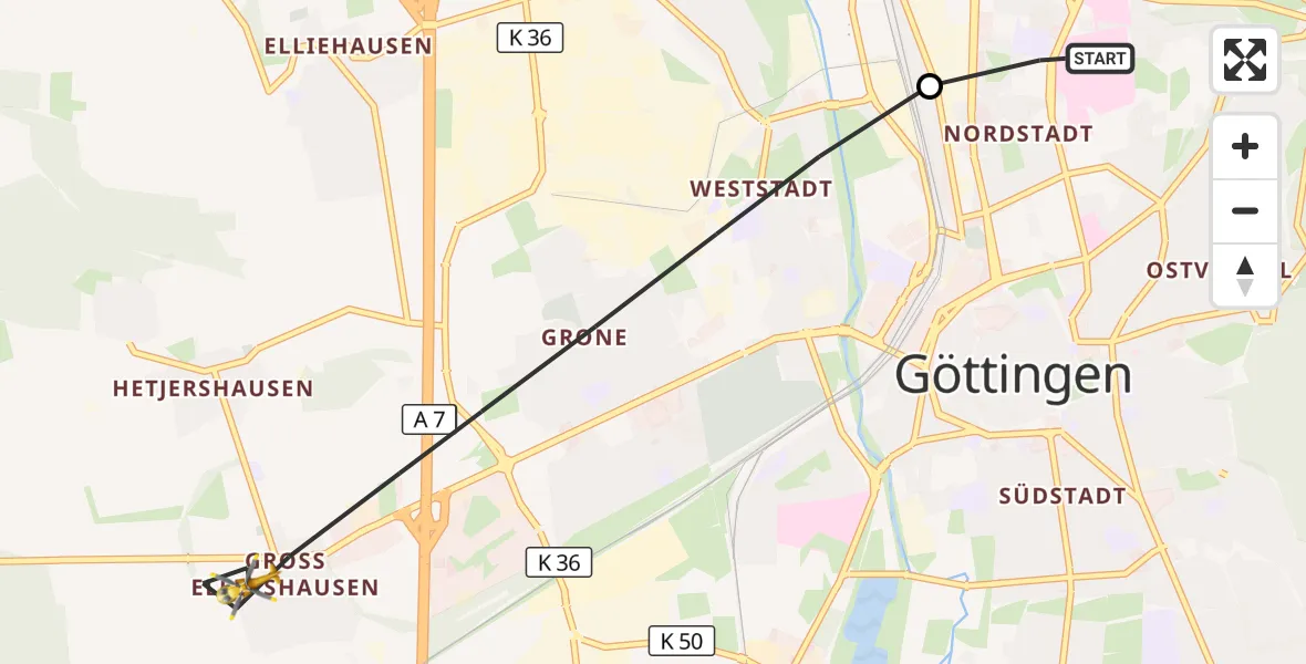 Flugroute Rettungshubschrauber Göttingen University Clinic Hubschrauberlandeplatz - Göttingen, 12 Juli 2026, 11:32