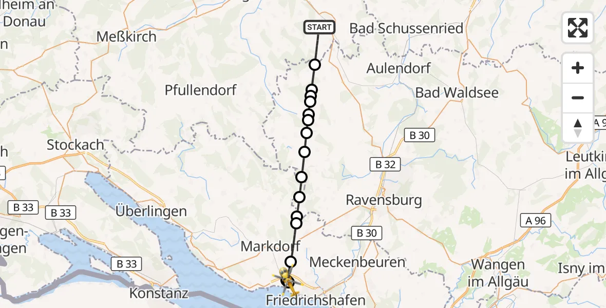 Flugroute Rettungshubschrauber Bad Saulgau - Friedrichshafen Hospital, 12 Juli 2026, 11:33