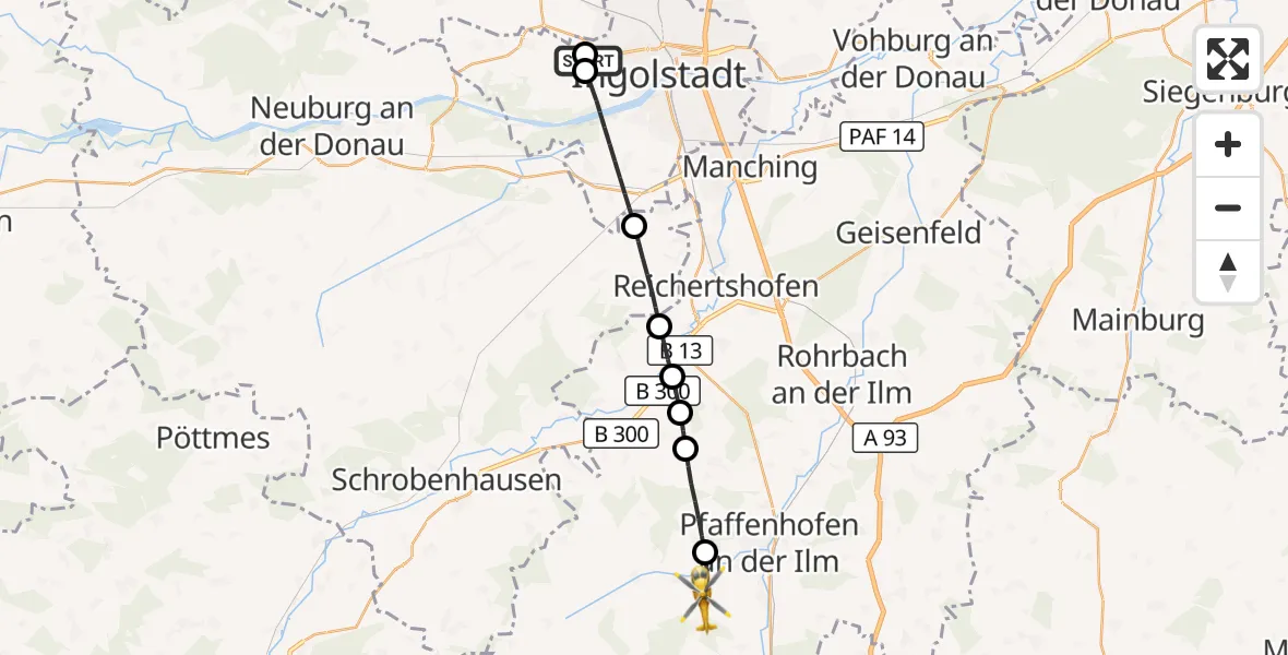 Flugroute Rettungshubschrauber Ingolstadt Hospital - Scheyern, 12 Juli 2026, 11:36