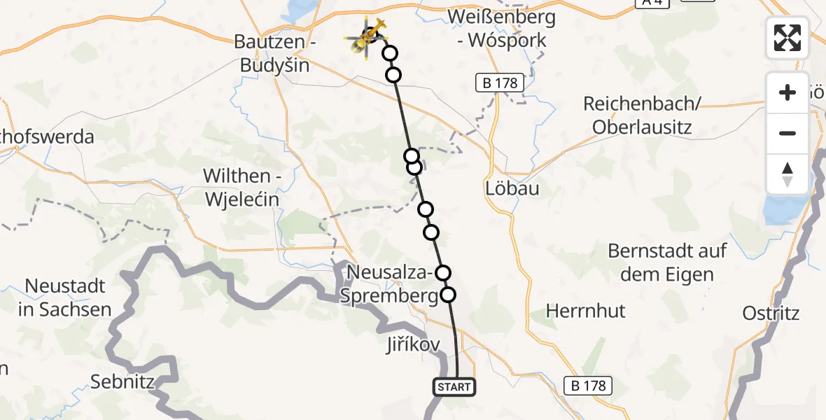 Flugroute Rettungshubschrauber Ebersbach-Neugersdorf - Bautzen Flugplatz, 12 Juli 2026, 11:39