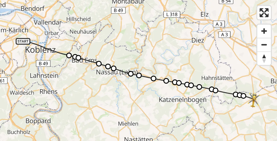 Flugroute Rettungshubschrauber Koblenz - Hünstetten, 12 Juli 2026, 11:40