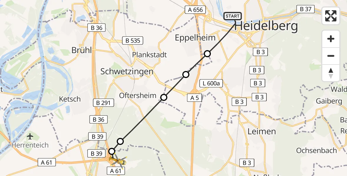 Flugroute Rettungshubschrauber Heidelberg - Hockenheim, 12 Juli 2026, 11:46