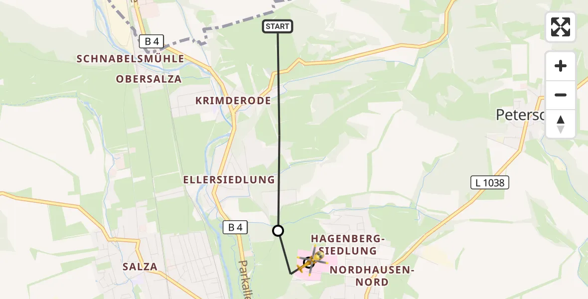 Flugroute Rettungshubschrauber Nordhausen - Südharz Hospital Nordhausen, 12 Juli 2026, 11:46