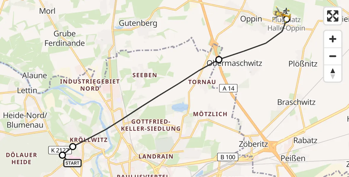 Flugroute Rettungshubschrauber Halle (Saale) University Hospital - Halle-Oppin Flugplatz, 12 Juli 2026, 11:48