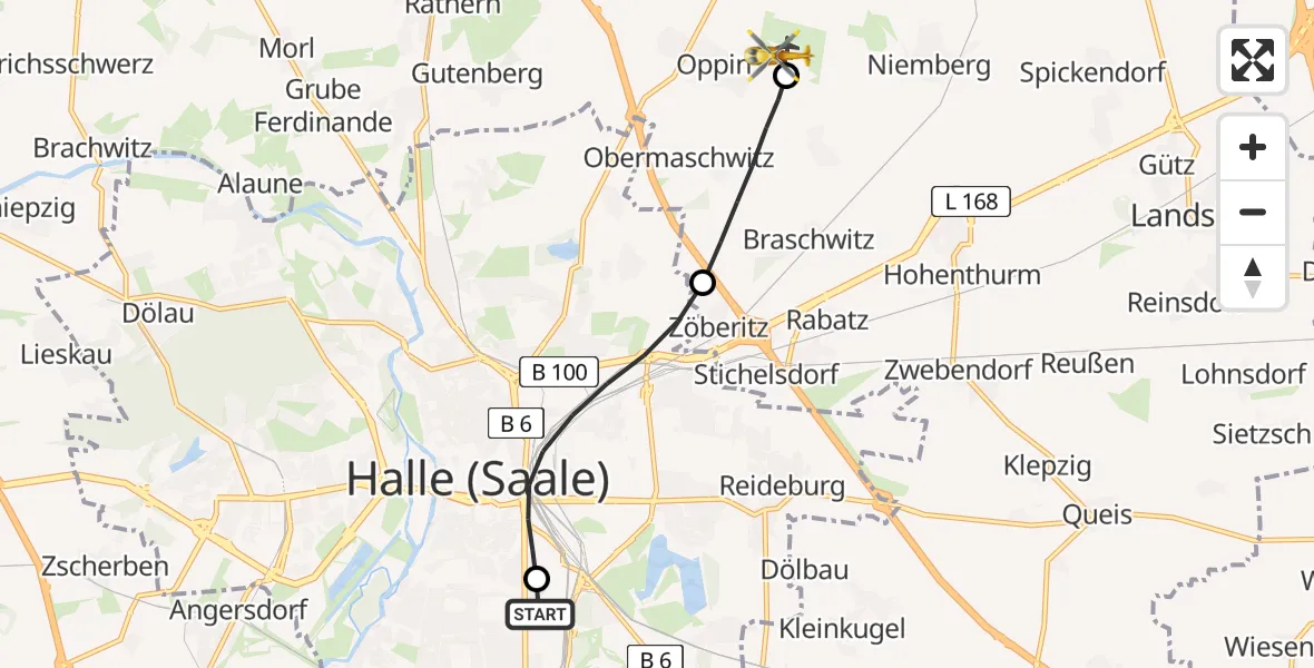 Flugroute Rettungshubschrauber BG Hospital Bergmannstrost Halle - Halle-Oppin Flugplatz, 12 Juli 2026, 11:54