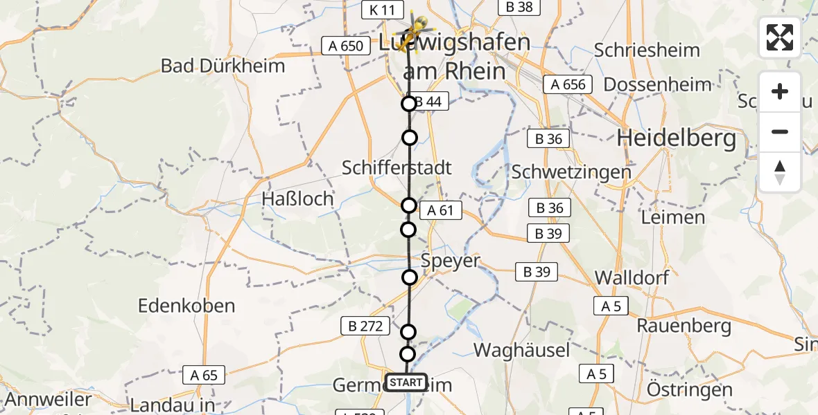 Flugroute Rettungshubschrauber Germersheim - Ludwigshafen Accident Hospital, 12 Juli 2026, 11:55