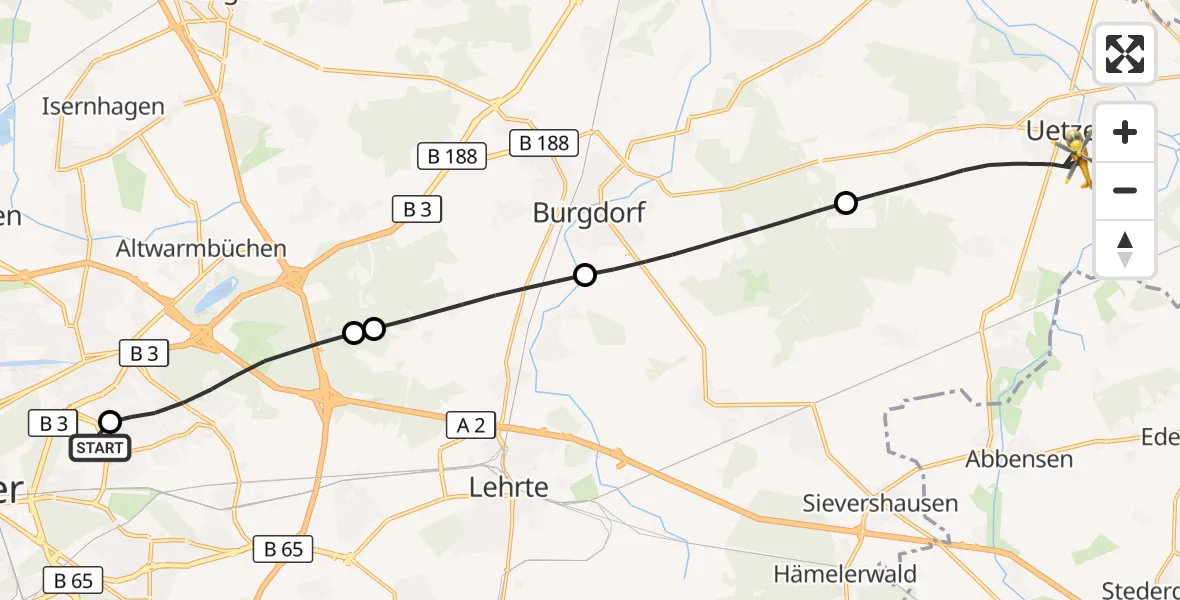 Flugroute Rettungshubschrauber Hannover Luftrettung Hubschrauberlandeplatz (Christoph 4) - Uetze, 12 Juli 2026, 11:56