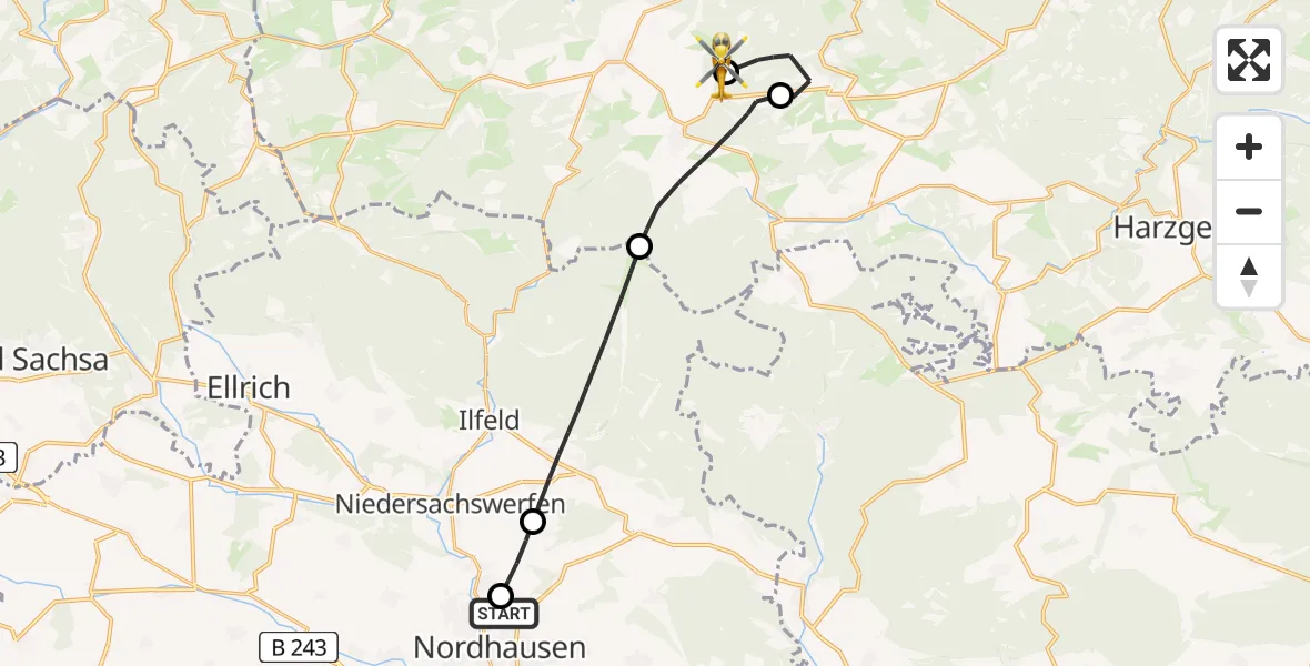 Flugroute Rettungshubschrauber Südharz Hospital Nordhausen - Oberharz am Brocken, 12 Juli 2026, 11:59